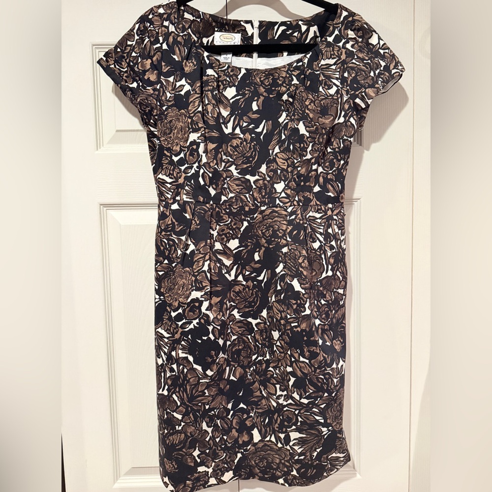 Talbots Brown, White & Black Floral Midi Dress Size 8 Petite Lined Has Pockets